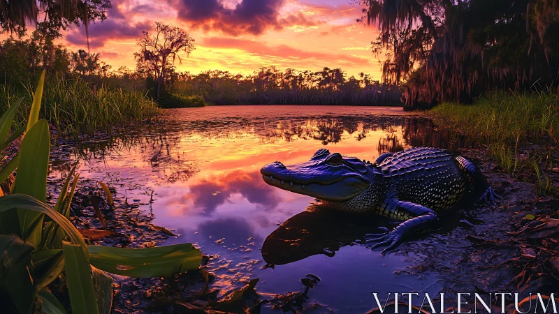 Alligator rests by glowing swamp under vivid sunset sky