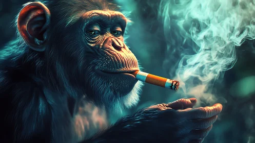 Cinematic chimpanzee portrait with glowing cigarette smoke.