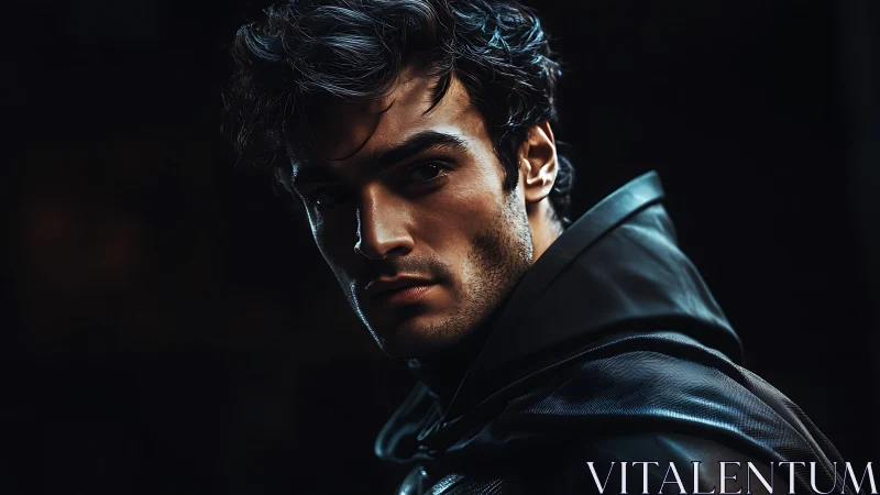 Moody portrait of brooding man in dark leather cloak.