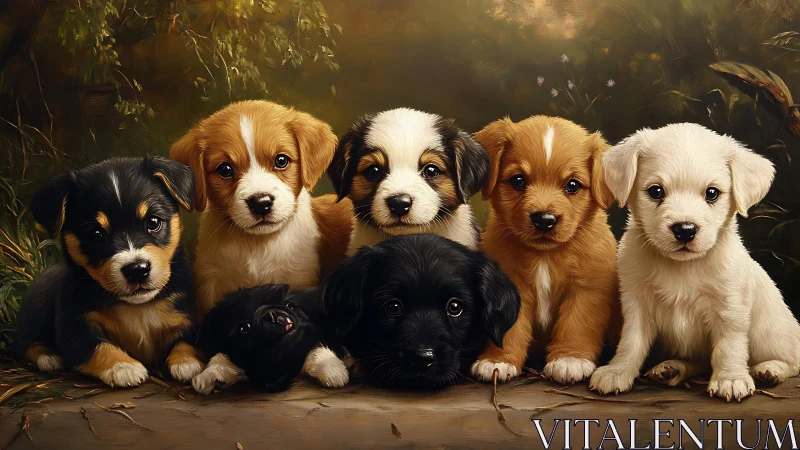 Seven puppies sit closely together on a forest floor