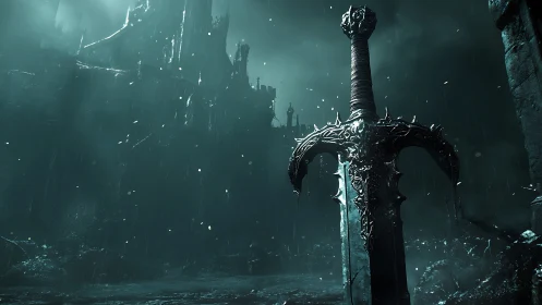 Forsaken greatsword before rain-soaked necrotic fortress.
