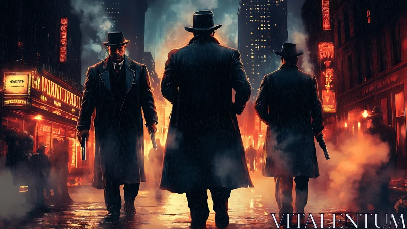 Three armed gangsters walk through neon city street at night