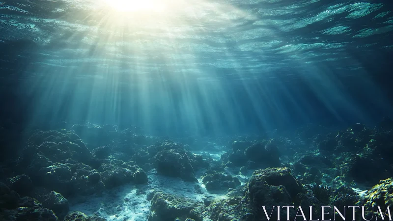 Volumetric caustics illuminate shallow seabed with detailed rocky terrain