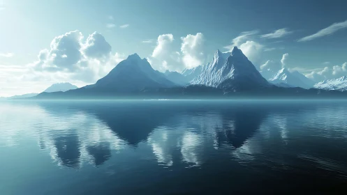 Silent blue mountains mirrored on a glassy northern sea.