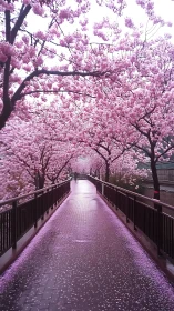 Pedestrian bridge lined with blooming cherry blossom trees.