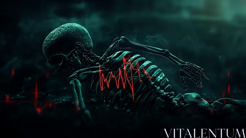 Forensic skeletal remains with red biometric waveform overlay.