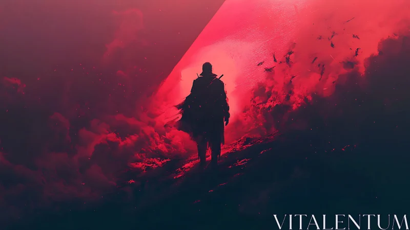 Lone silhouette enters crimson storm under sharp light wedge