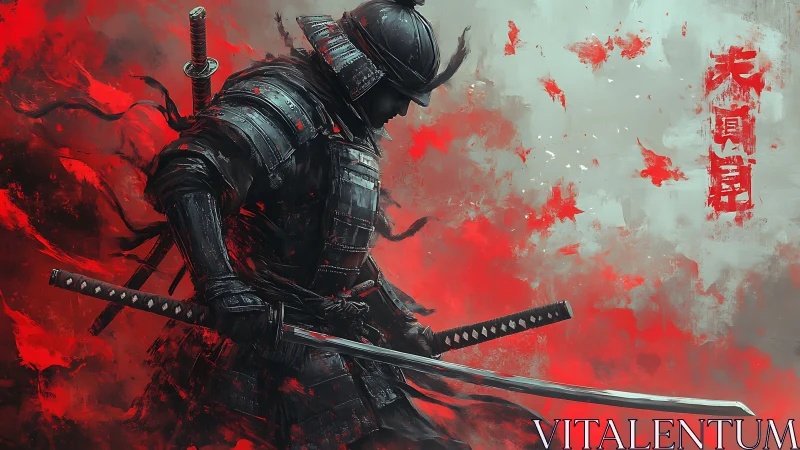 Lone samurai strides through swirling crimson battlefire.