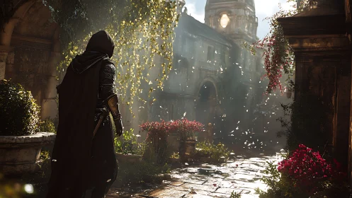 Hooded armored figure walks through sunlit overgrown courtyard