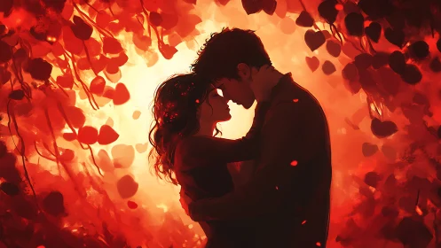 Passionate Embrace Among Glowing Hearts.