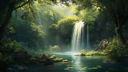 Cascading waterfall in temperate rainforest gorge with volumetric light diffusion