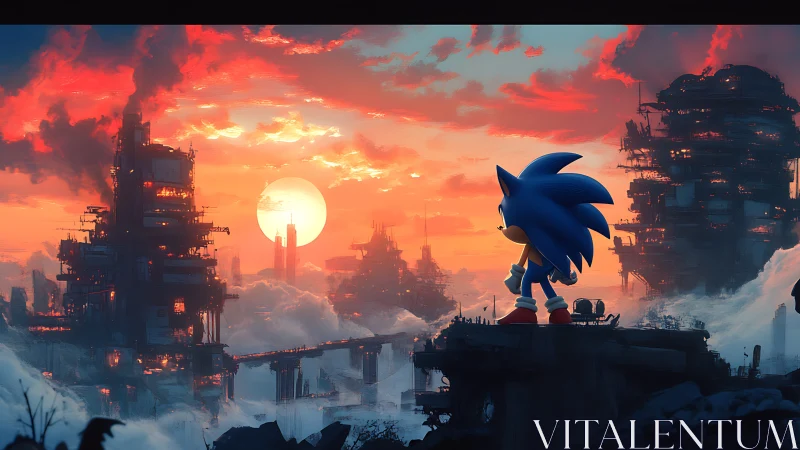 Bold blue hero gazes over a glowing sunset sci fi city