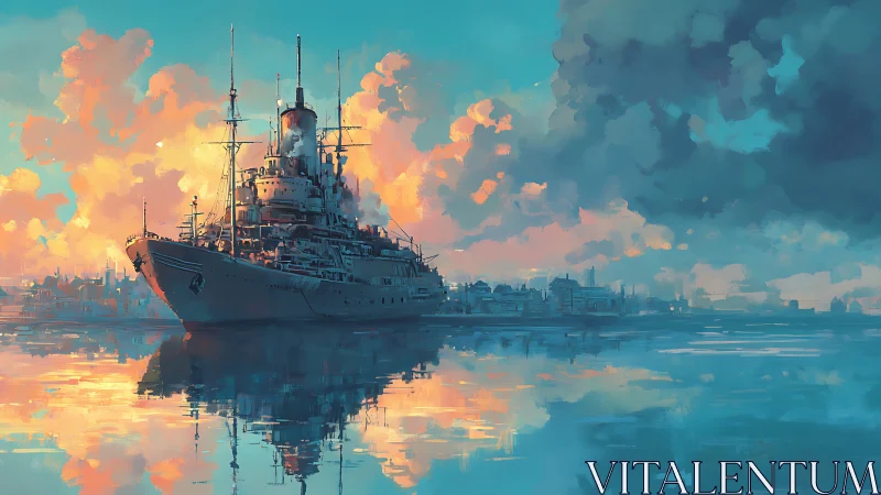 Warship rests in luminous harbor beneath painted clouds.