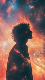 Stargazer silhouette adrift in ember-bright cosmic tides.