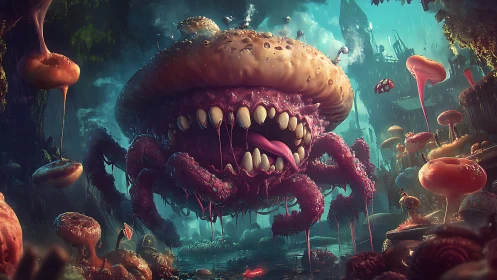 Burger beast skitters through neon swamp in hungry delight