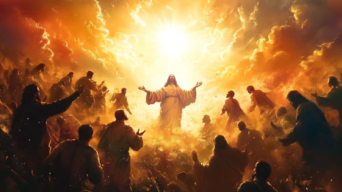 Radiant robed figure welcomes a crowd into glowing heaven