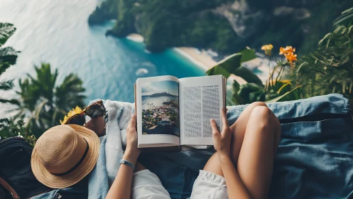 Overhead view of coastal reader framed by foliage and shallow DOF