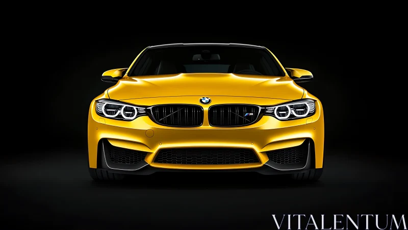 Golden sports coupe rendered in dramatic frontal studio lighting