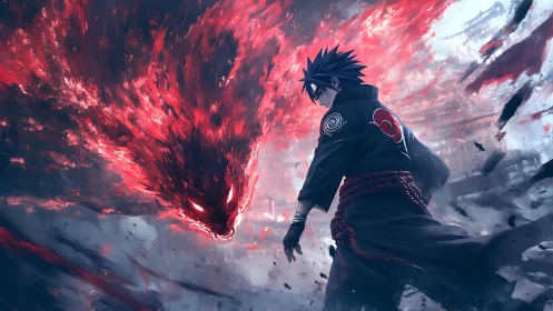 Chakra-infused shinobi confronting volatile crimson energy beast.