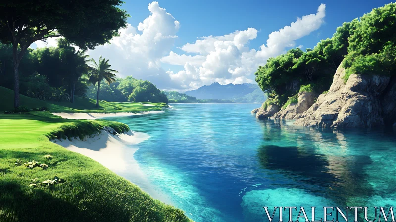 Sunlit tropical cove where emerald hills meet calm sea.