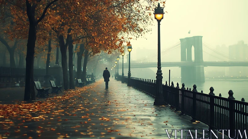 Solitary walk along a misty riverside under autumn lights.