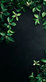 Dark textured background framed by lush green leaves.