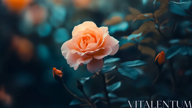 Peachy Rose Bloom Against Teal Shadows.