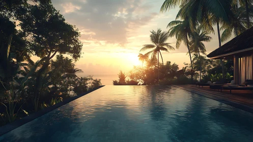 Sunset-tipped palm trees lean over a mirror-still infinity pool