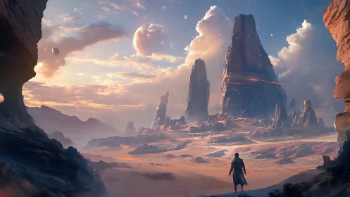 Solitary explorer surveys colossal alien monolith spires