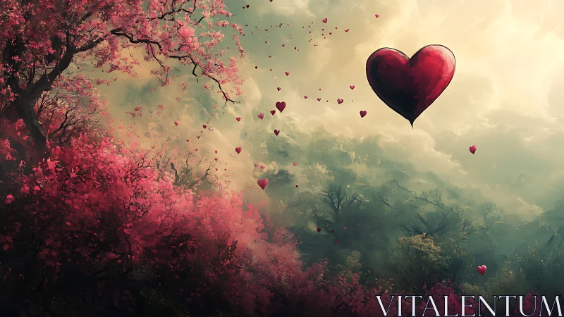 Romantic Landscape with Floating Hearts and Luminous Blossoms.