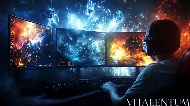 Gamer monitors space battle visuals across triple display setup
