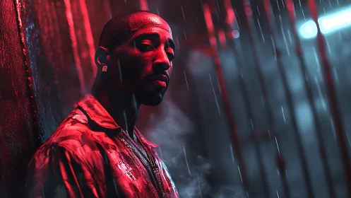 Neon rain carves a lone thinker from shadows and steam