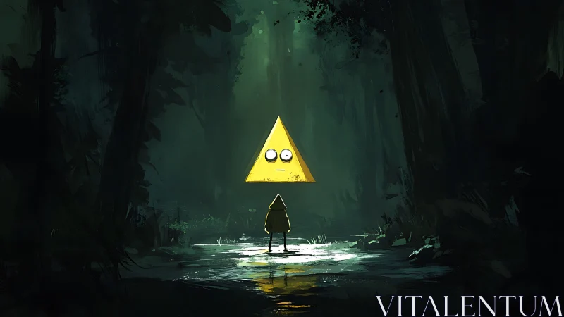 Robed Figure Confronting Triangular Entity in Forest Clearing.