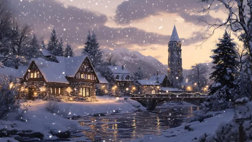 Digital painting of snowy alpine village with river bridge at dusk.