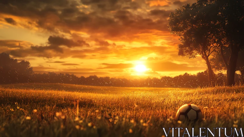 Sunlit soccer memory resting in a golden summer field at dusk.