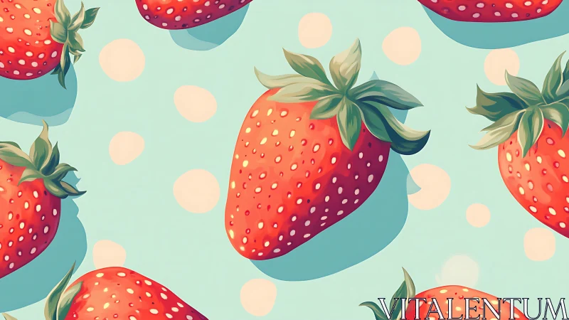 Playful strawberries drift over pastel polka dot blue