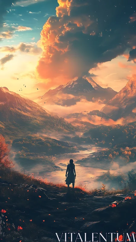 Backlit wanderer studies volcanic valley under turbulent anvil cloud