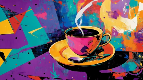 Electric coffee break swirling through neon color storms.