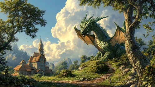 Green dragon looming over cottage in bright fantasy valley.