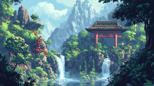 Pixel art mountain shrine with twin waterfalls and lush canopy.