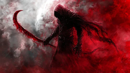 Hooded reaper silhouette with sanguine scythe in vortex storm.