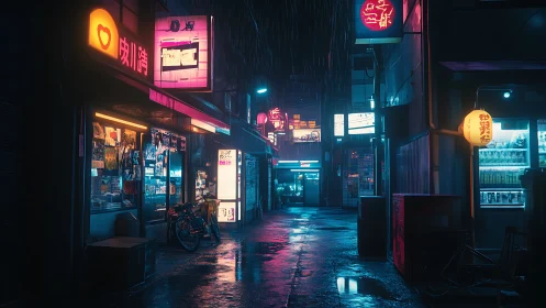 Rain-soaked neon alleyway shows illuminated urban storefronts