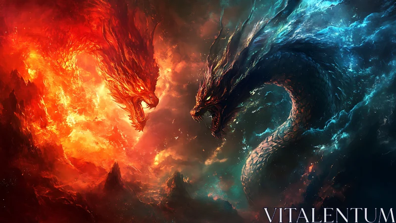 Elemental dragon duel in fiery red and glacial blue nebulae.