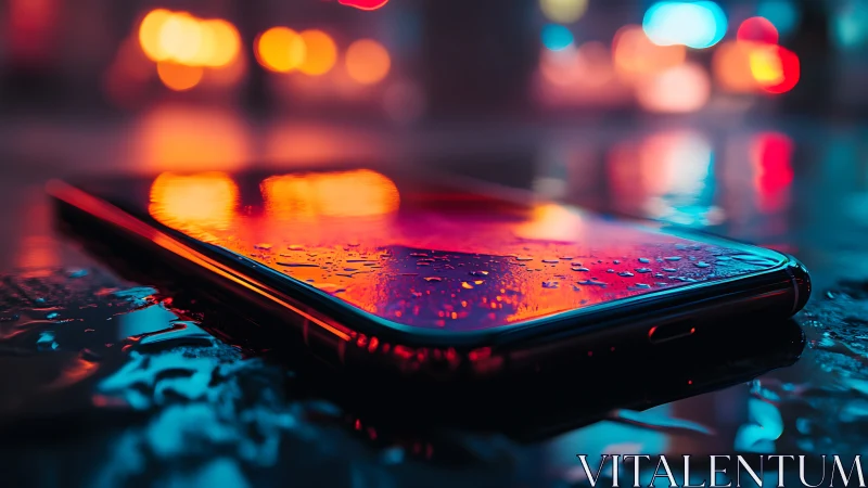 Wet smartphone reflects neon city lights on rainy street