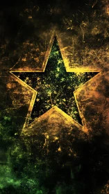 Grunge textured star with glowing green and gold edges.