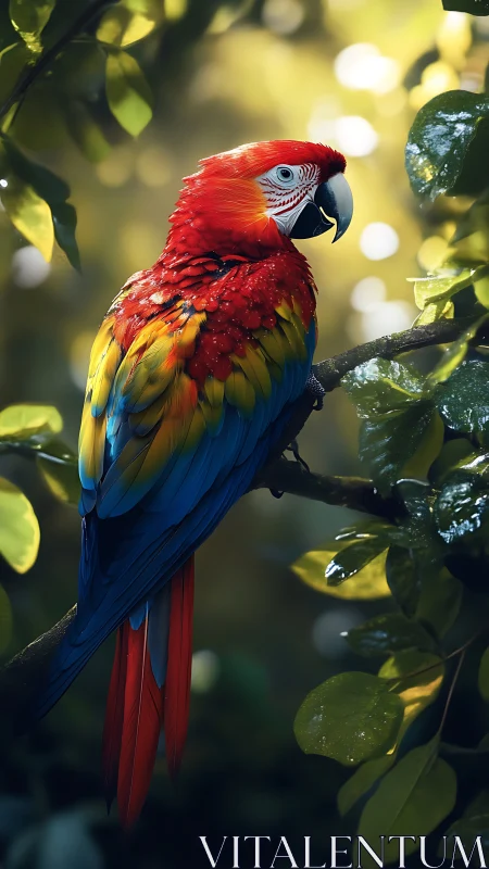 Scarlet macaw quietly turns jungle light into liquid color