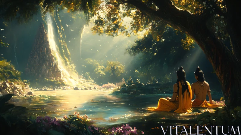 Mythic river meditation under volumetric forest skylight.