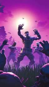 Neon undead soldiers charge under toxic violet sunset