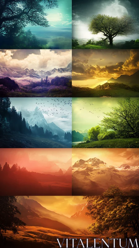 Dreamlike mountain landscapes shift through light and color.