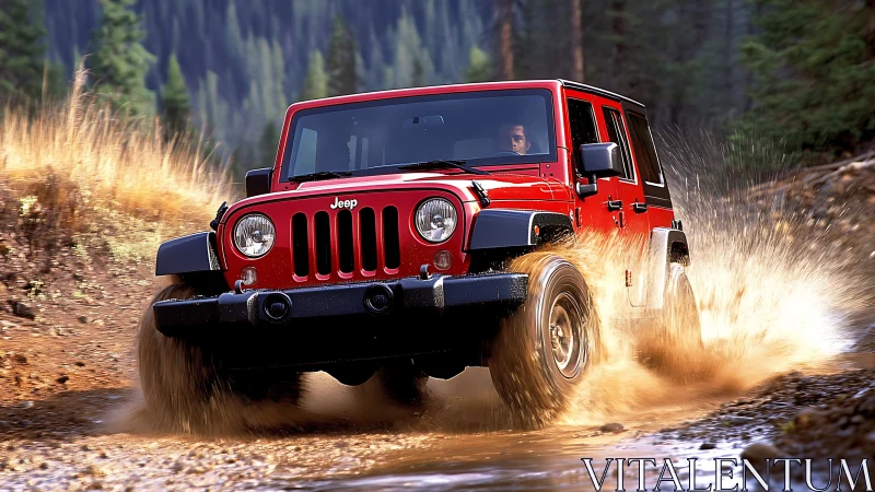 Red Jeep Wrangler powers through muddy forest trail